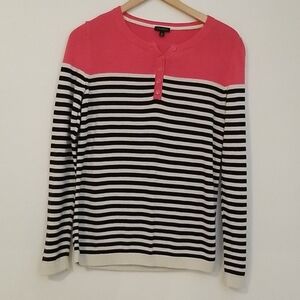 Talbots Striped Hot Pink Black Cotton Rayon Crew Neck Sweater Top sz M